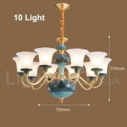 Retro Vintage Brass Ceramics Pendant Candle Chandelier with Glass Shades