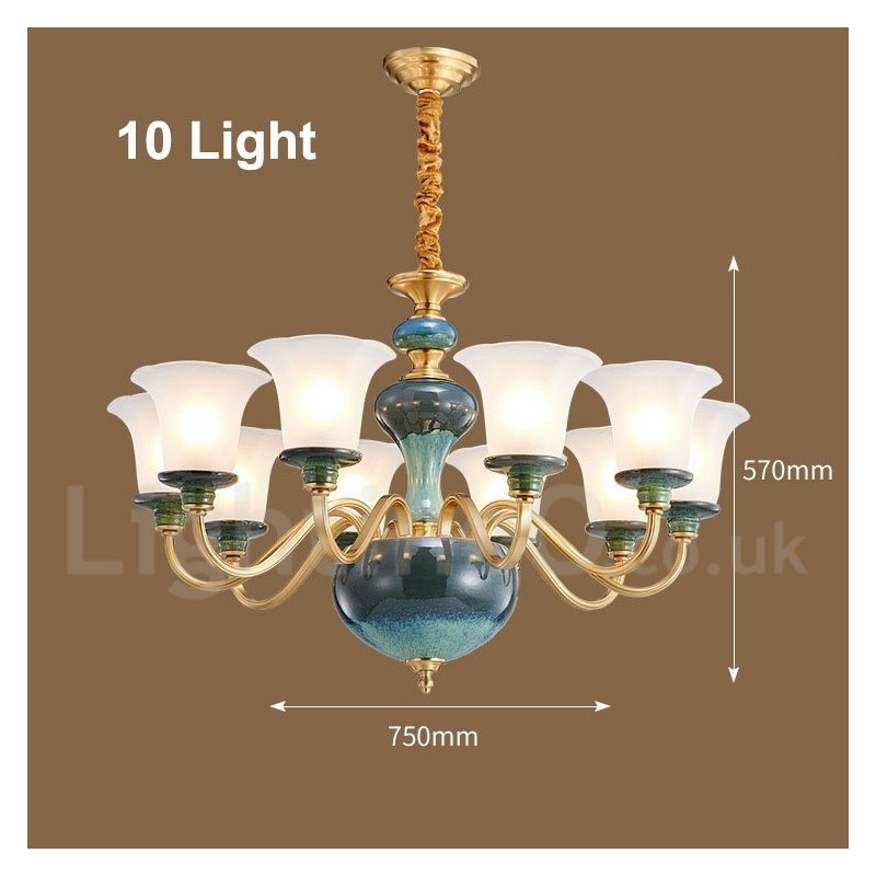 Retro Vintage Brass Ceramics Pendant Candle Chandelier with Glass Shades