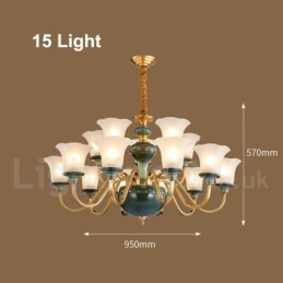 Retro Vintage Brass Ceramics Pendant Candle Chandelier with Glass Shades