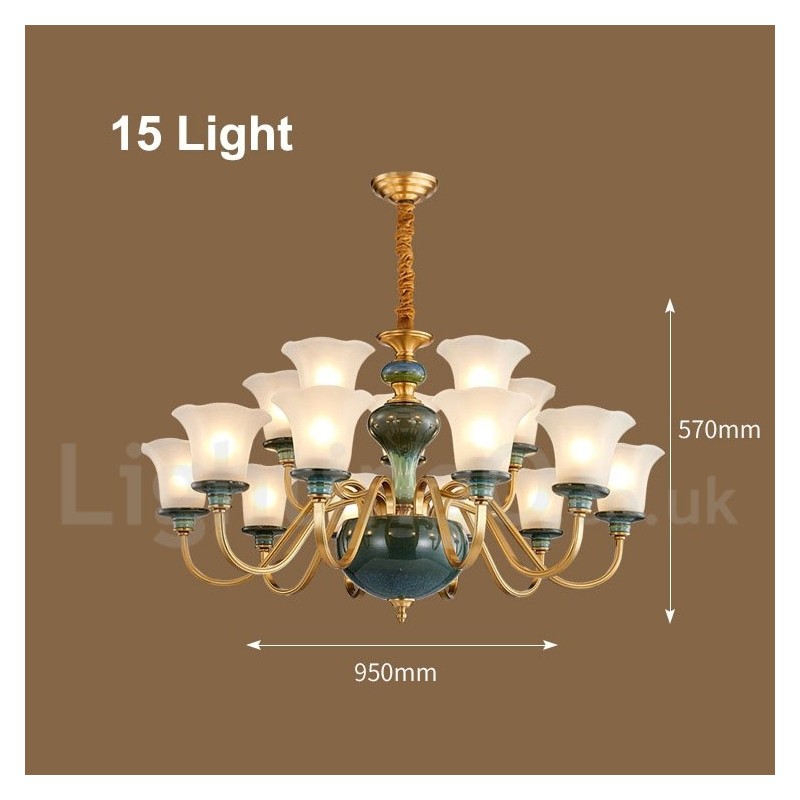 Retro Vintage Brass Ceramics Pendant Candle Chandelier with Glass Shades