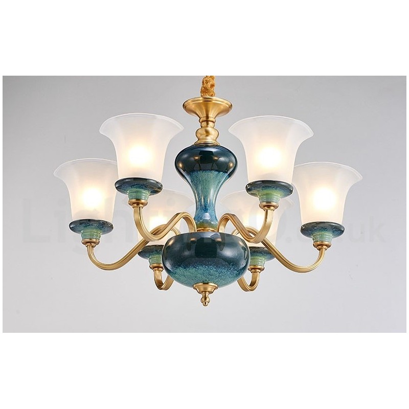 Retro Vintage Brass Ceramics Pendant Candle Chandelier with Glass Shades