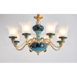 Retro Vintage Brass Ceramics Pendant Candle Chandelier with Glass Shades