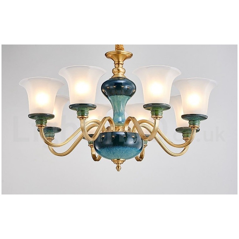 Retro Vintage Brass Ceramics Pendant Candle Chandelier with Glass Shades