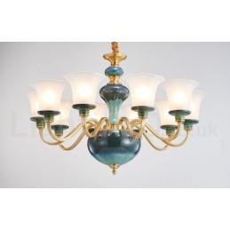 Retro Vintage Brass Ceramics Pendant Candle Chandelier with Glass Shades