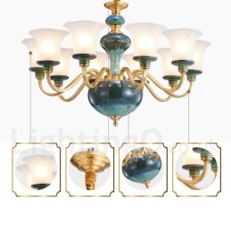 Retro Vintage Brass Ceramics Pendant Candle Chandelier with Glass Shades