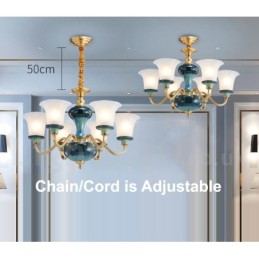 Retro Vintage Brass Ceramics Pendant Candle Chandelier with Glass Shades