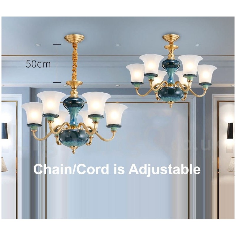 Retro Vintage Brass Ceramics Pendant Candle Chandelier with Glass Shades