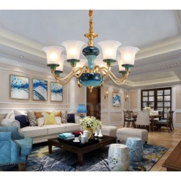 Retro Vintage Brass Ceramics Pendant Candle Chandelier with Glass Shades