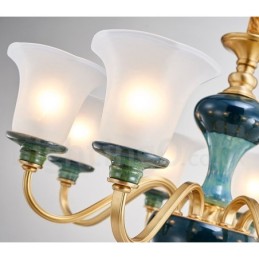 Retro Vintage Brass Ceramics Pendant Candle Chandelier with Glass Shades