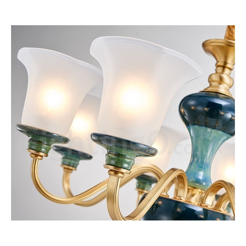 Retro Vintage Brass Ceramics Pendant Candle Chandelier with Glass Shades