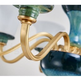 Retro Vintage Brass Ceramics Pendant Candle Chandelier with Glass Shades