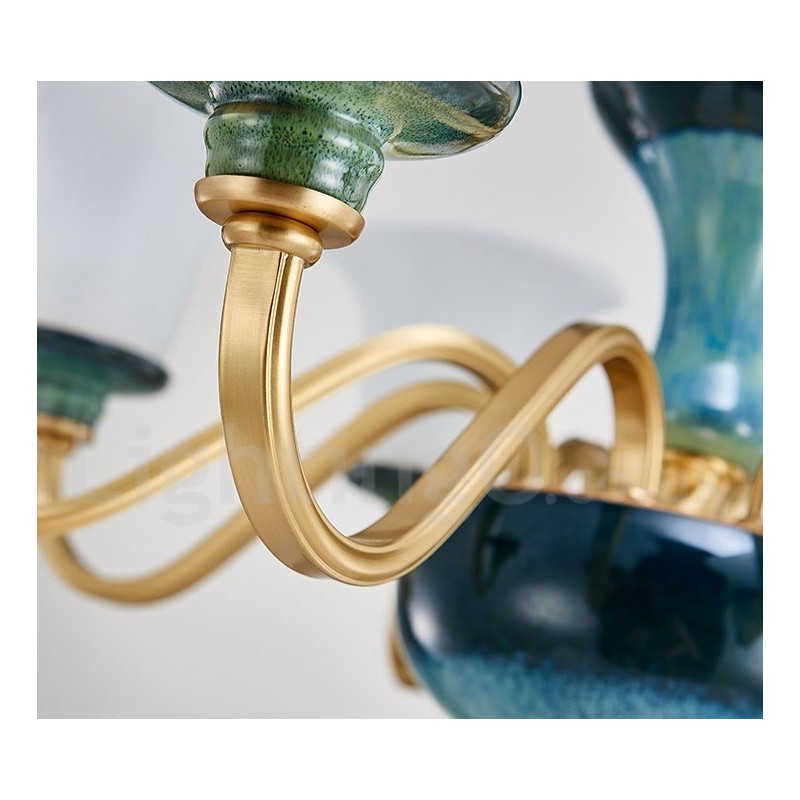 Retro Vintage Brass Ceramics Pendant Candle Chandelier with Glass Shades