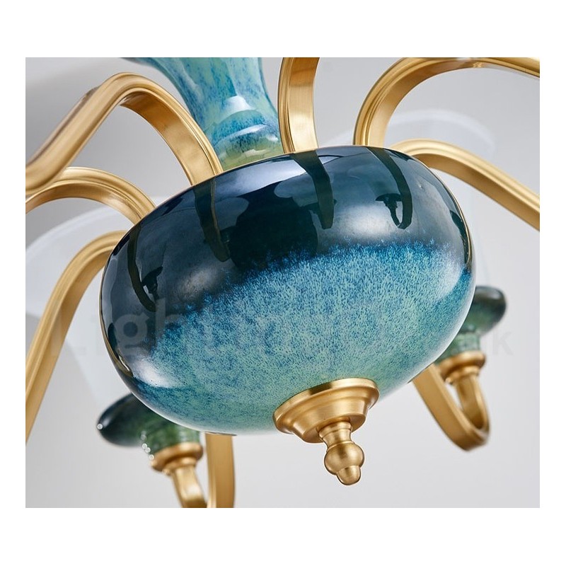 Retro Vintage Brass Ceramics Pendant Candle Chandelier with Glass Shades