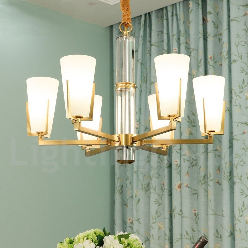 Retro Vintage Brass Crystals Pendant Candle Chandelier with Glass Shades