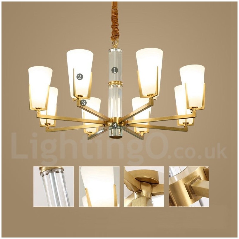 Retro Vintage Brass Crystals Pendant Candle Chandelier with Glass Shades