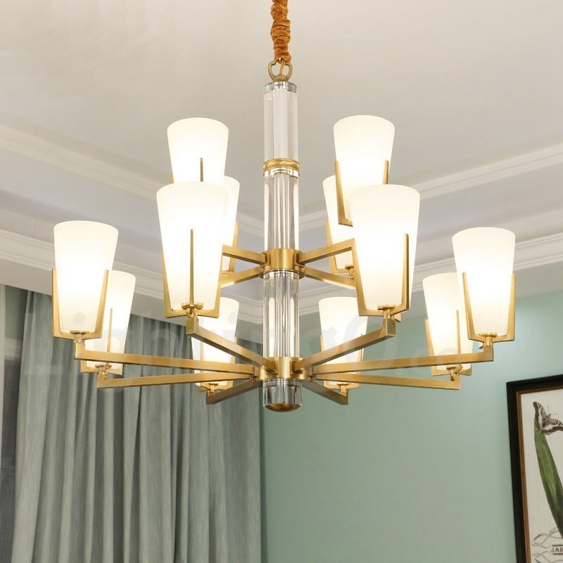 Retro Vintage Brass Crystals Pendant Candle Chandelier with Glass Shades
