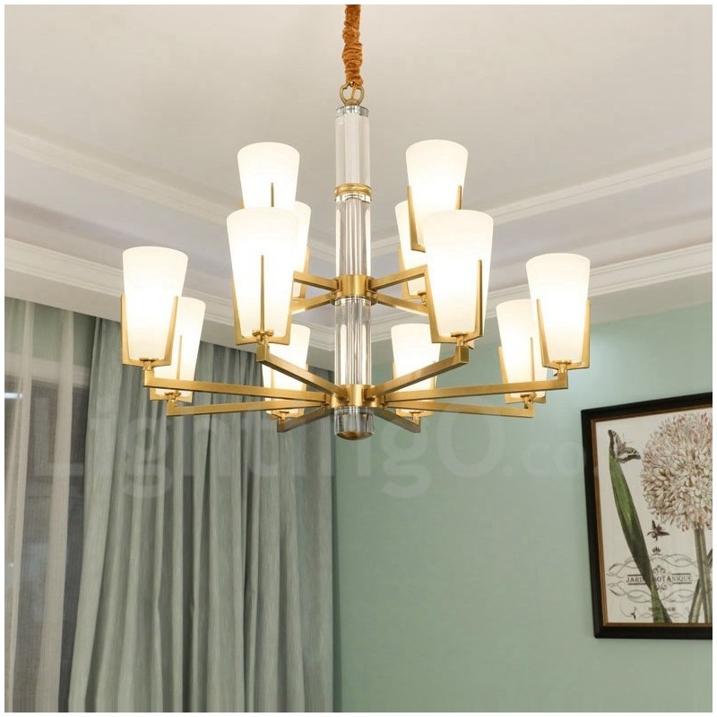Retro Vintage Brass Crystals Pendant Candle Chandelier with Glass Shades