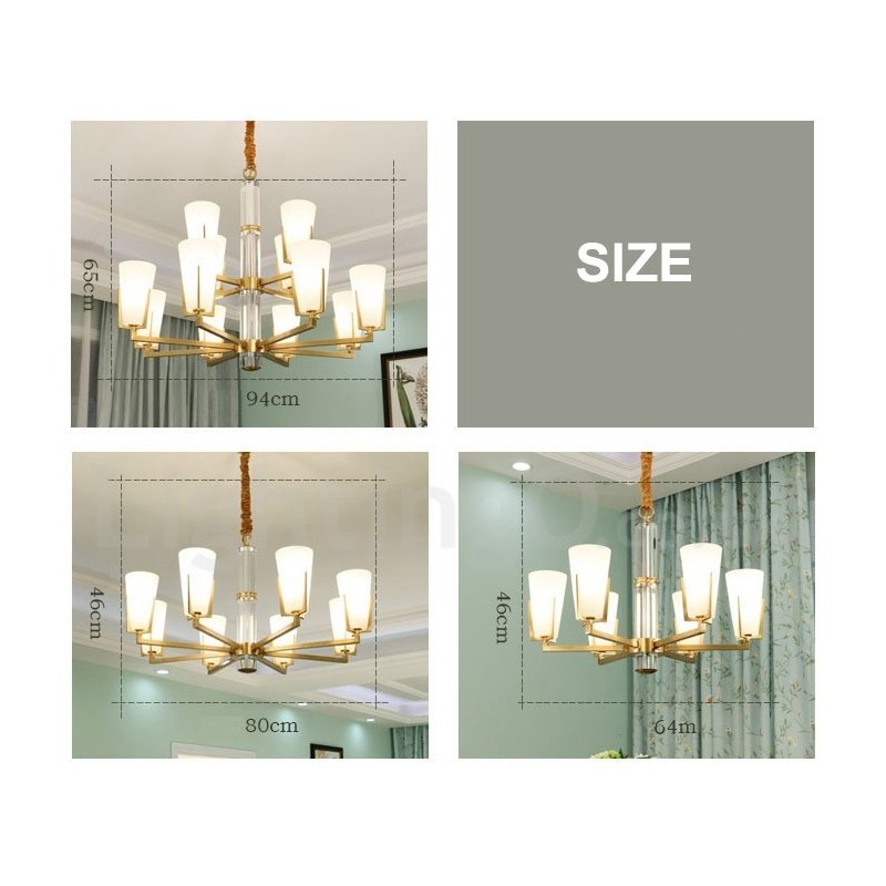 Retro Vintage Brass Crystals Pendant Candle Chandelier with Glass Shades