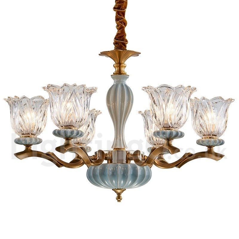 Retro Vintage Brass Ceramics Pendant Candle Chandelier with Glass Shades