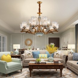 Retro Vintage Brass Ceramics Pendant Candle Chandelier with Glass Shades