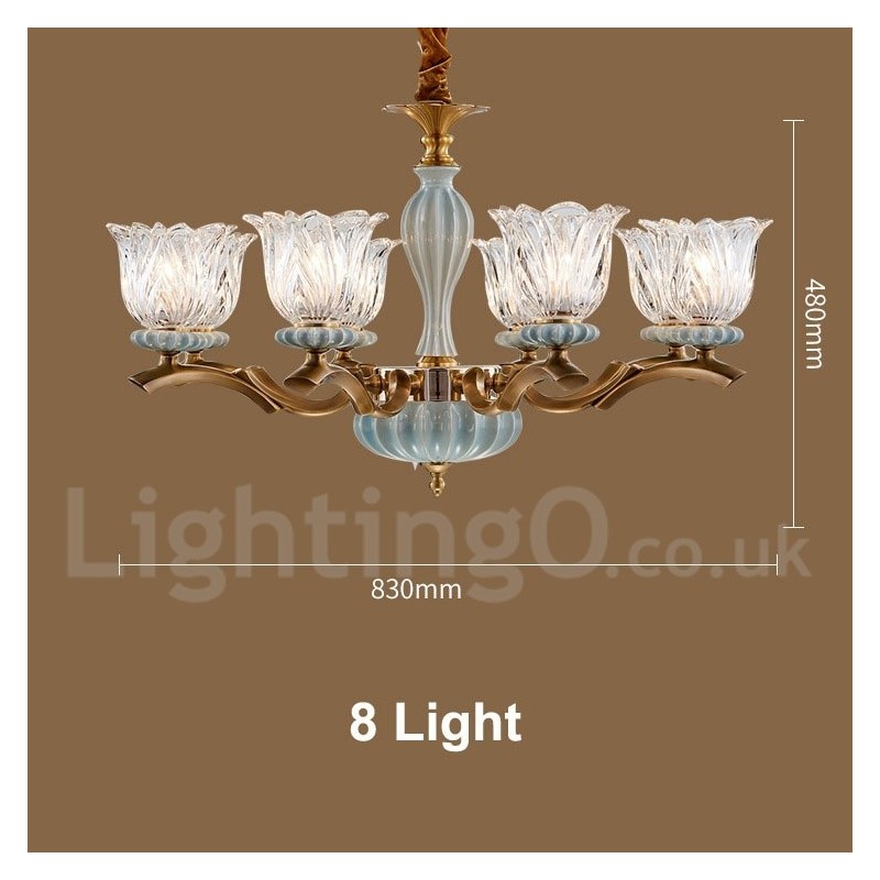 Retro Vintage Brass Ceramics Pendant Candle Chandelier with Glass Shades