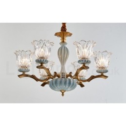 Retro Vintage Brass Ceramics Pendant Candle Chandelier with Glass Shades