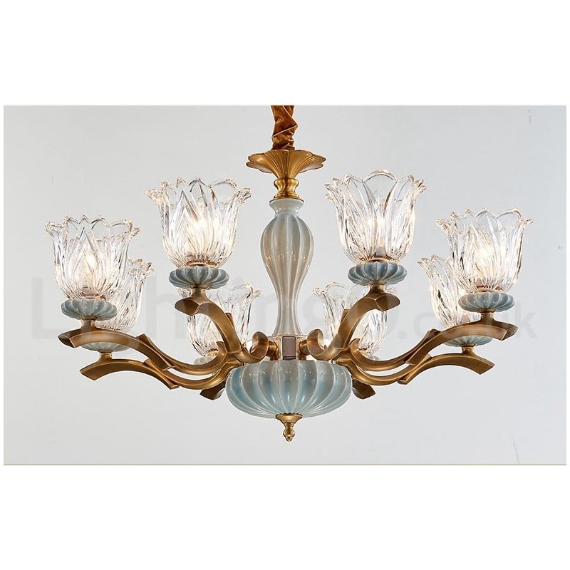 Retro Vintage Brass Ceramics Pendant Candle Chandelier with Glass Shades