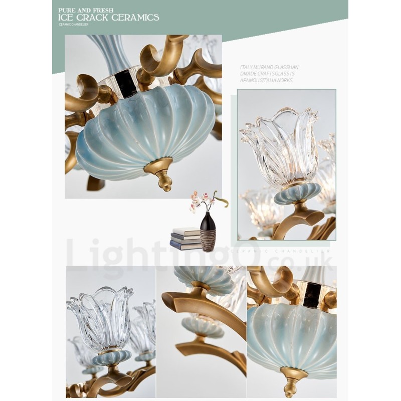 Retro Vintage Brass Ceramics Pendant Candle Chandelier with Glass Shades