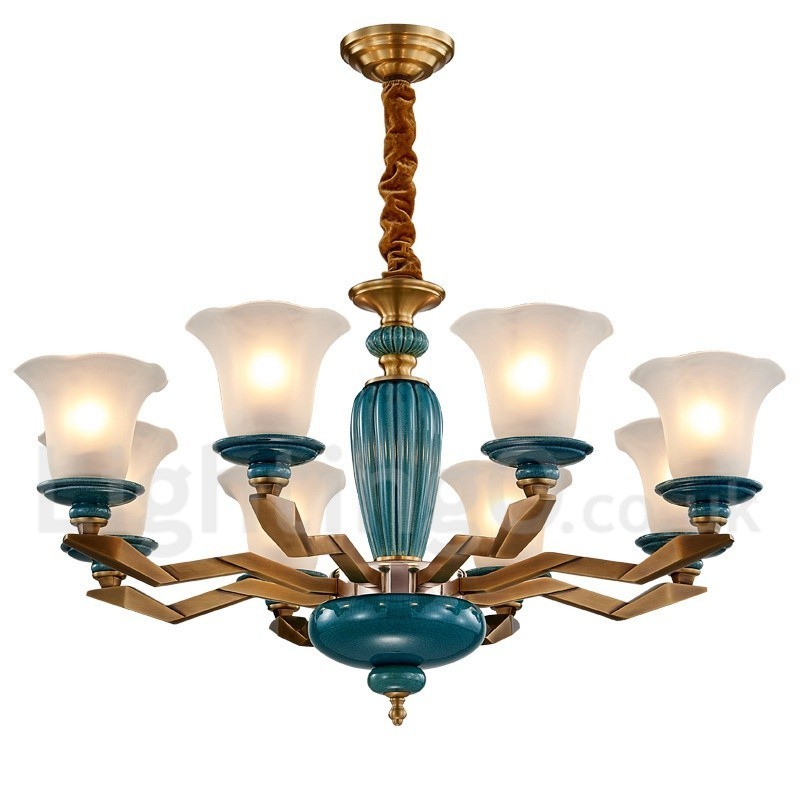 Retro Vintage Brass Ceramics Pendant Candle Chandelier with Glass Shades