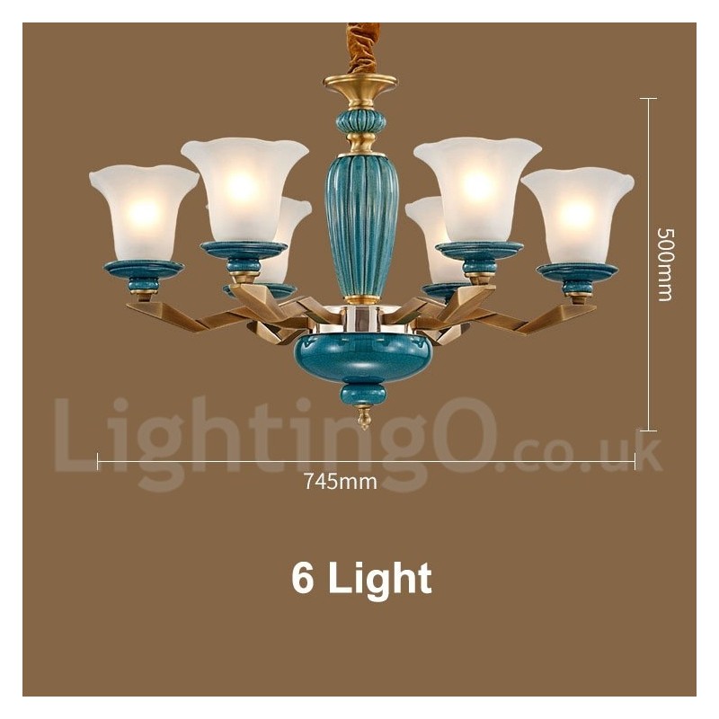 Retro Vintage Brass Ceramics Pendant Candle Chandelier with Glass Shades