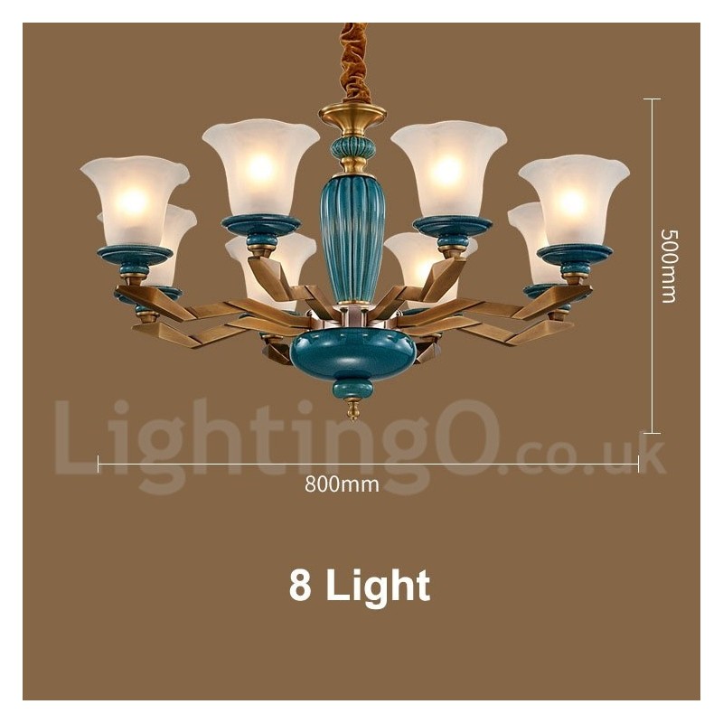 Retro Vintage Brass Ceramics Pendant Candle Chandelier with Glass Shades