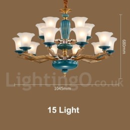 Retro Vintage Brass Ceramics Pendant Candle Chandelier with Glass Shades