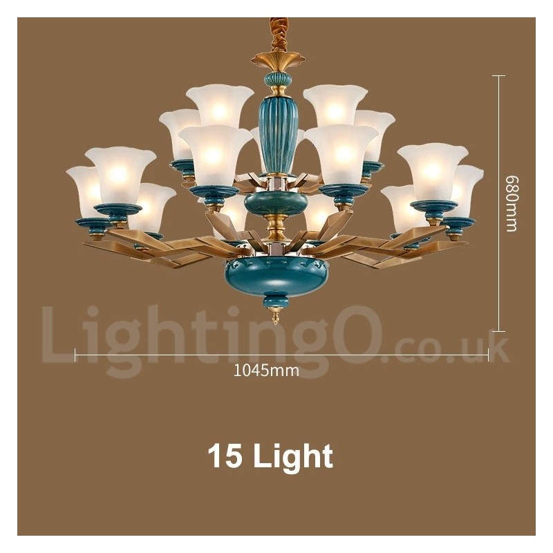 Retro Vintage Brass Ceramics Pendant Candle Chandelier with Glass Shades