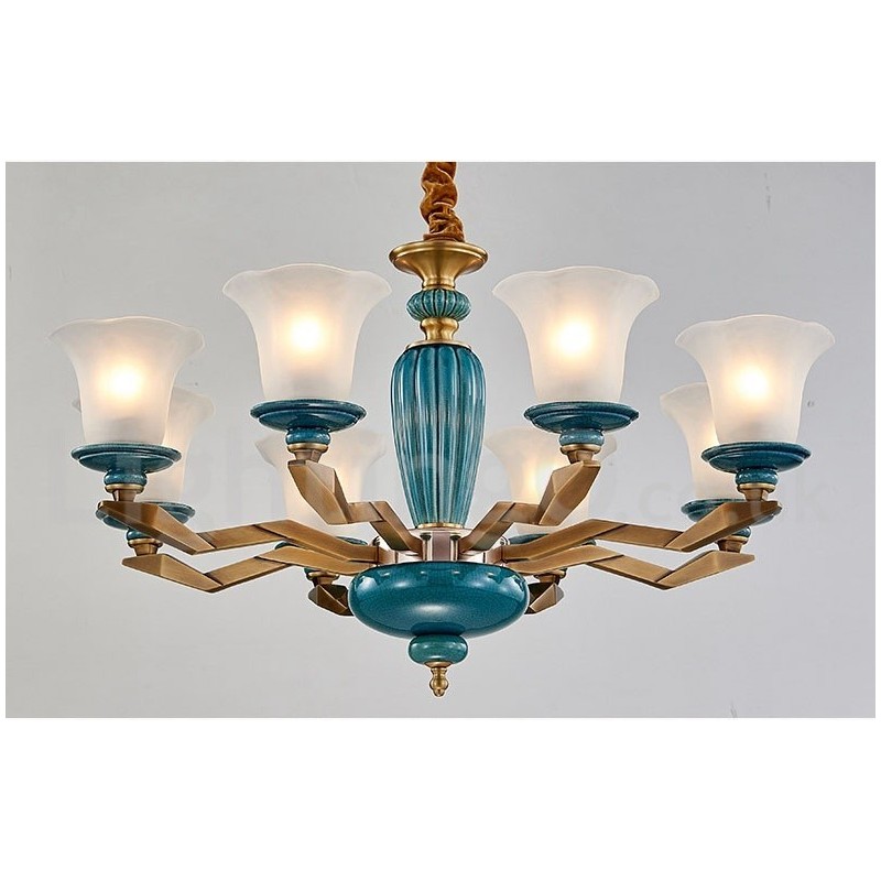 Retro Vintage Brass Ceramics Pendant Candle Chandelier with Glass Shades