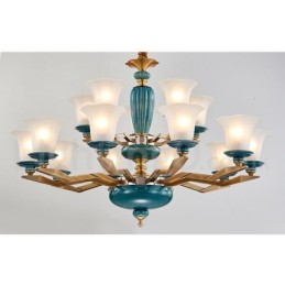 Retro Vintage Brass Ceramics Pendant Candle Chandelier with Glass Shades
