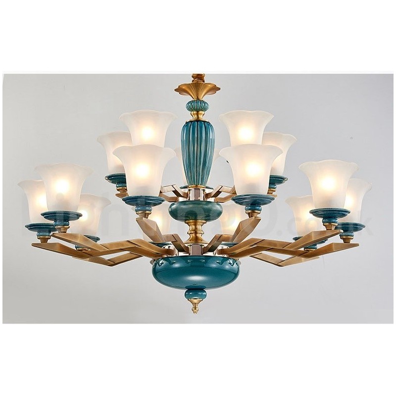 Retro Vintage Brass Ceramics Pendant Candle Chandelier with Glass Shades