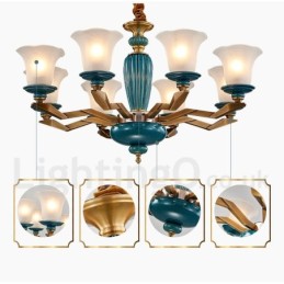 Retro Vintage Brass Ceramics Pendant Candle Chandelier with Glass Shades