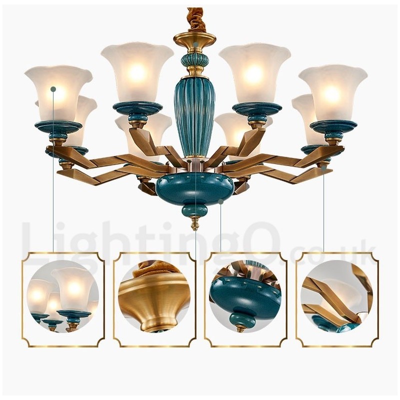 Retro Vintage Brass Ceramics Pendant Candle Chandelier with Glass Shades