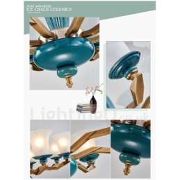 Retro Vintage Brass Ceramics Pendant Candle Chandelier with Glass Shades