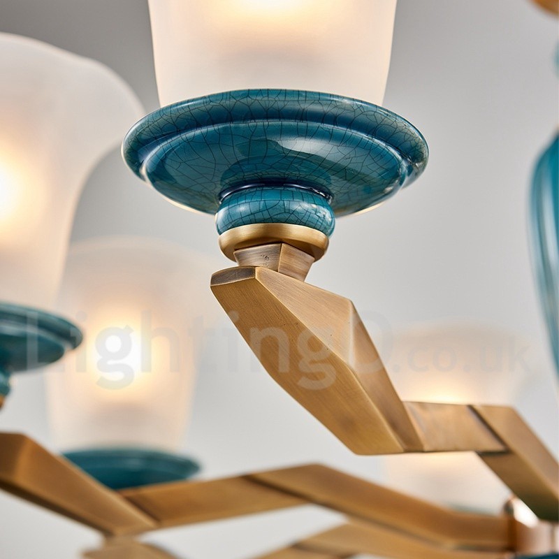 Retro Vintage Brass Ceramics Pendant Candle Chandelier with Glass Shades