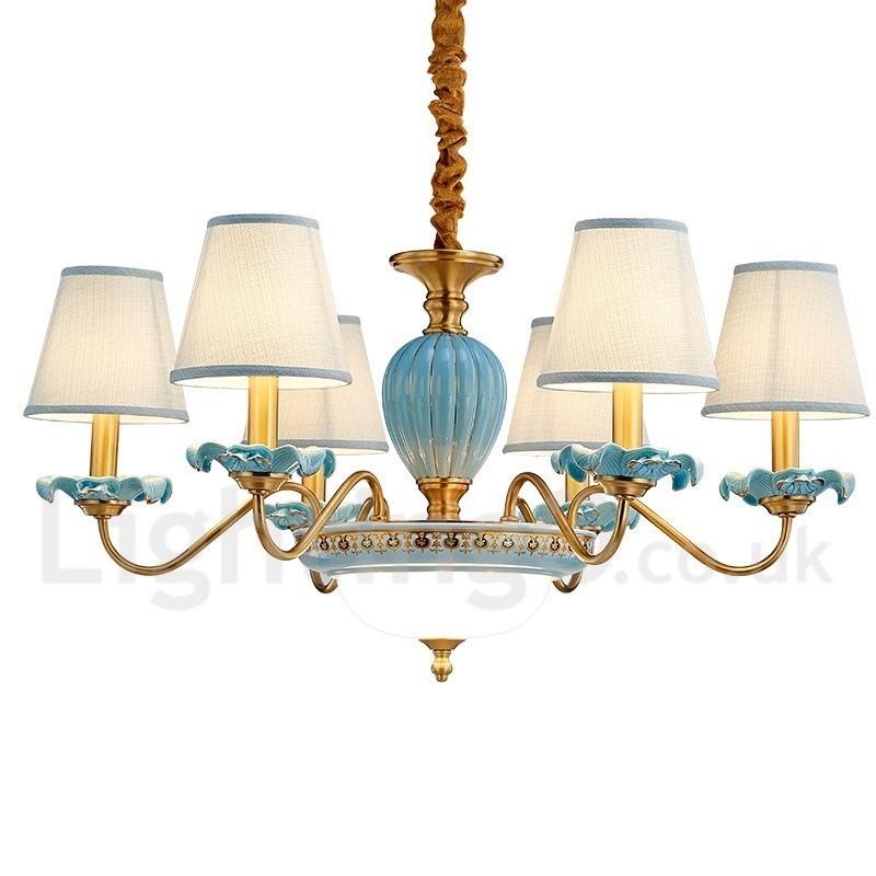 Retro Vintage Brass Ceramics Pendant Candle Chandelier with Blue Fabric Shades