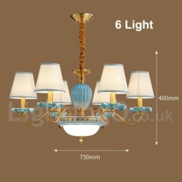 Retro Vintage Brass Ceramics Pendant Candle Chandelier with Blue Fabric Shades