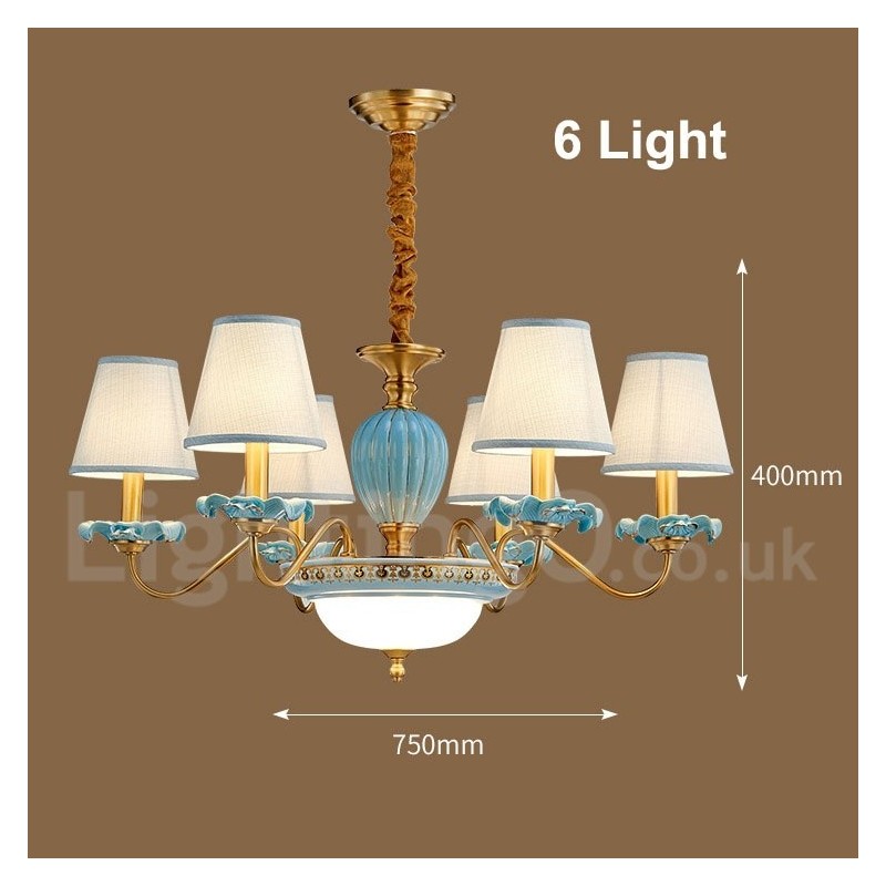 Retro Vintage Brass Ceramics Pendant Candle Chandelier with Blue Fabric Shades