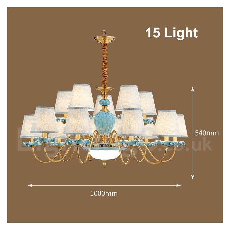 Retro Vintage Brass Ceramics Pendant Candle Chandelier with Blue Fabric Shades