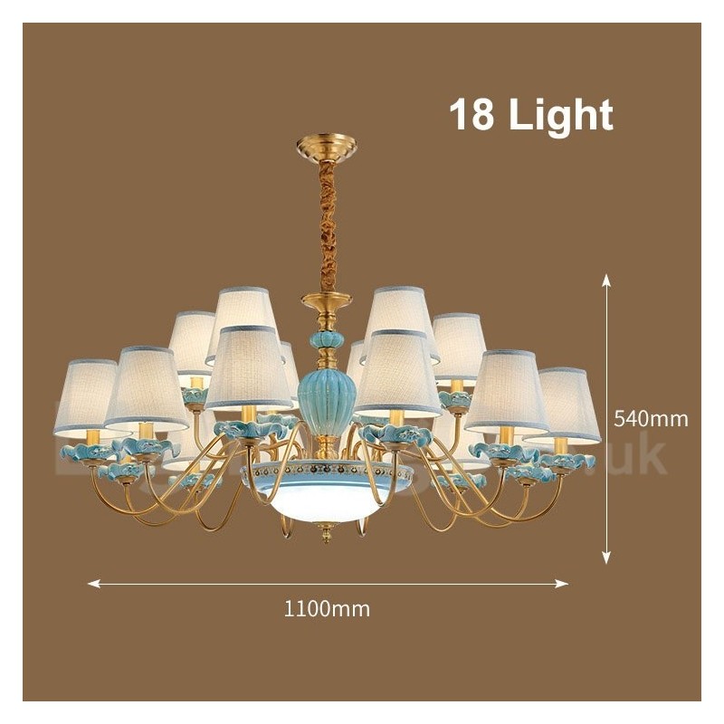 Retro Vintage Brass Ceramics Pendant Candle Chandelier with Blue Fabric Shades