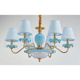 Retro Vintage Brass Ceramics Pendant Candle Chandelier with Blue Fabric Shades