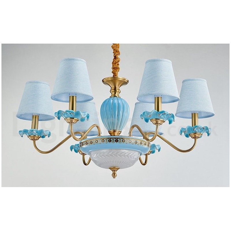 Retro Vintage Brass Ceramics Pendant Candle Chandelier with Blue Fabric Shades