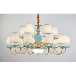 Retro Vintage Brass Ceramics Pendant Candle Chandelier with Blue Fabric Shades