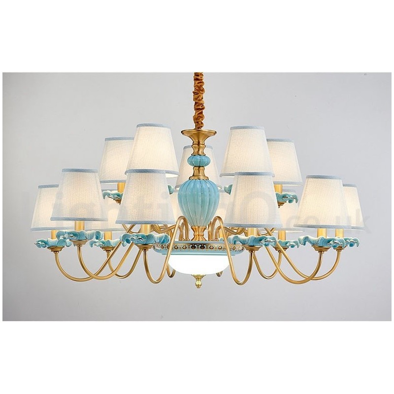 Retro Vintage Brass Ceramics Pendant Candle Chandelier with Blue Fabric Shades