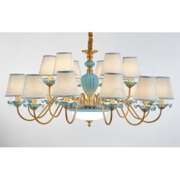 Retro Vintage Brass Ceramics Pendant Candle Chandelier with Blue Fabric Shades